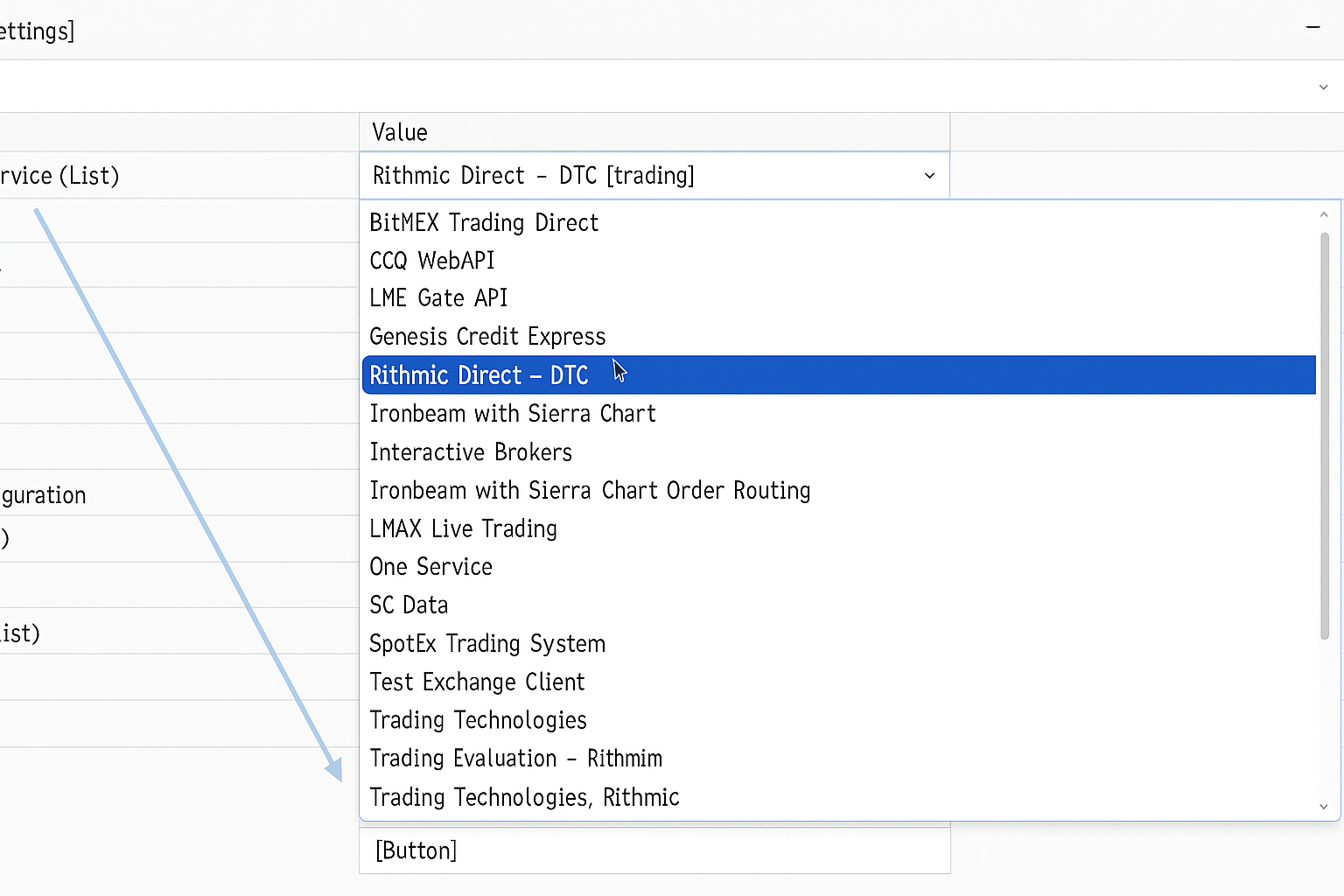 Sierra Chart service selection