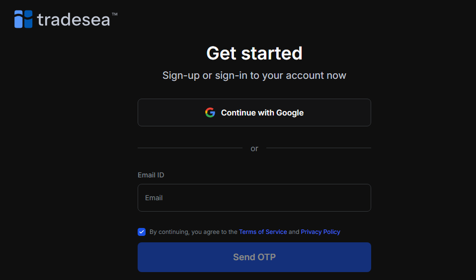 Tradesea login screen